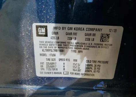 2021 Chevrolet Trailblazer Lt из США, поврежденный, VIN KL79MPSL7MB118081